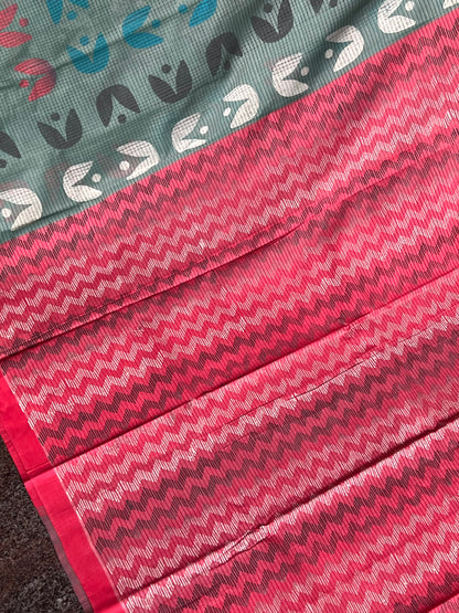 Teal mangalagiri block printed cotton saree