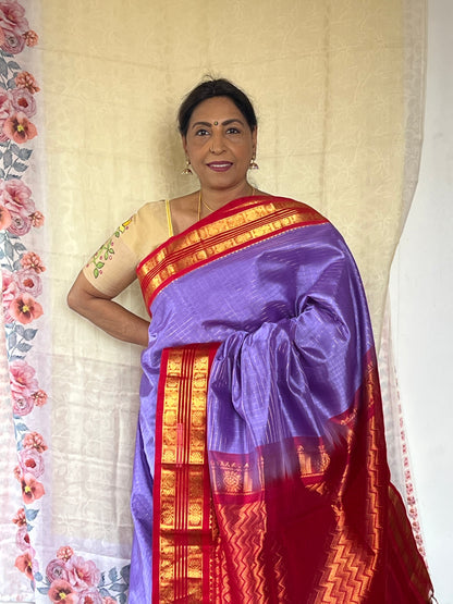 Lilac and Red korwai silk cotton saree