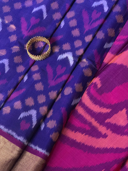 Ikat Silk Cotton - Blue and Purple saree