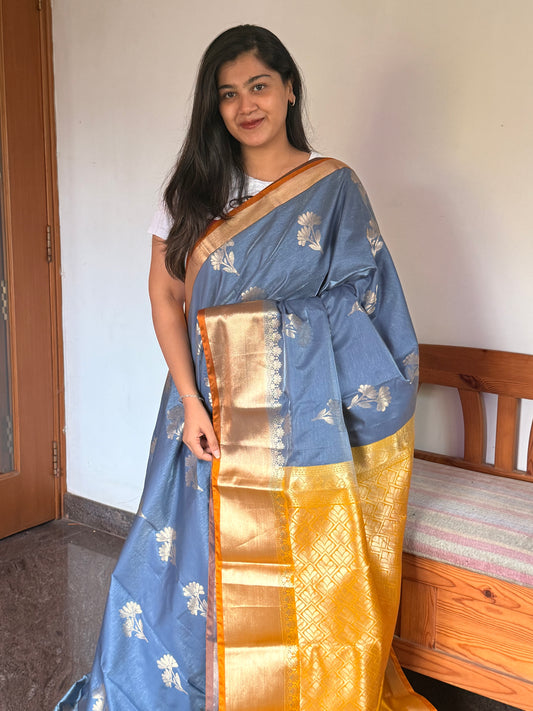 Grey & mustard semi silk saree