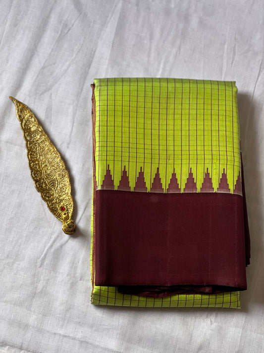 Checked Temple design Gadwal silk saree - Green & Brown