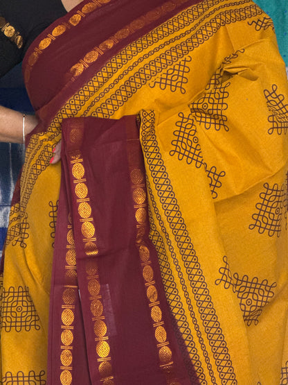 Yellow kolam sungudi cotton saree