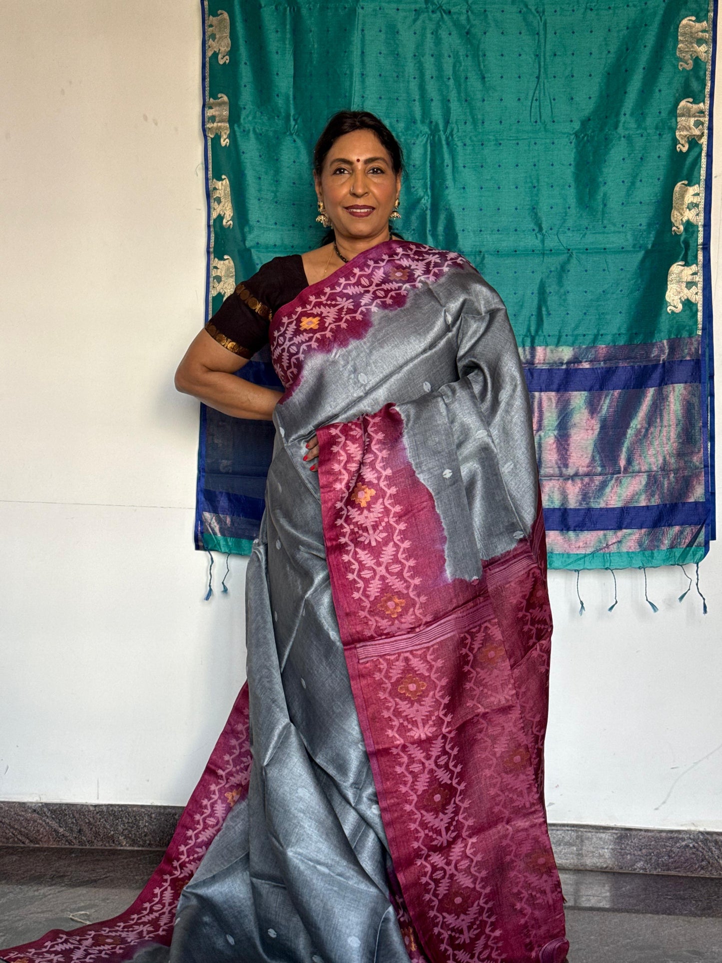 Silver-Grey & Plum Tussar Silk