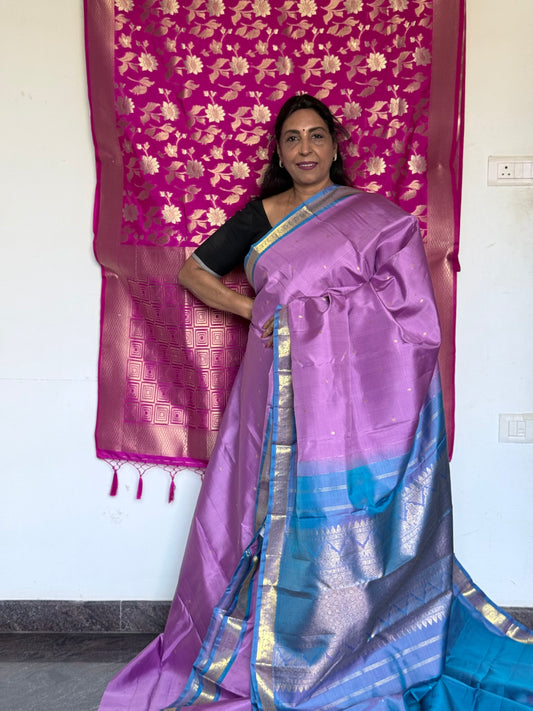 Lavender pure silk saree with blue border