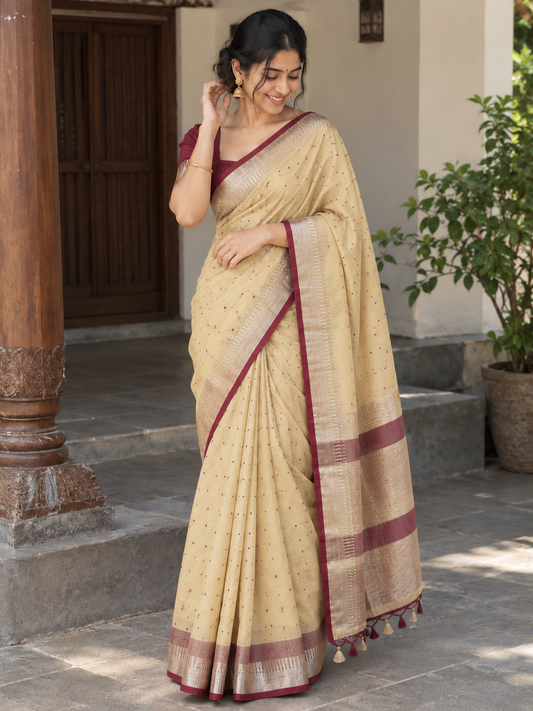 Cream and maroon semi silk saree
