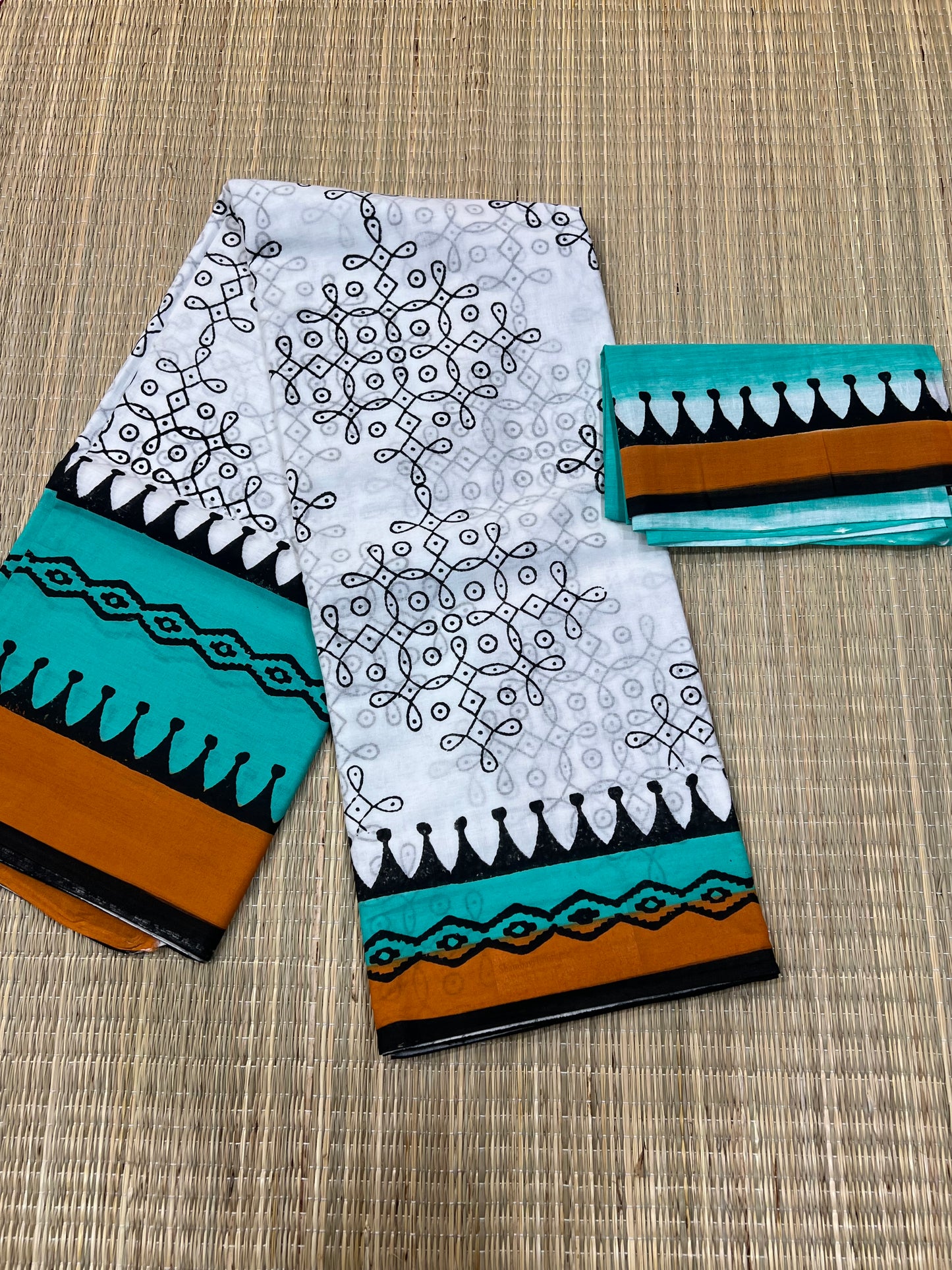 Teal mul cotton saree