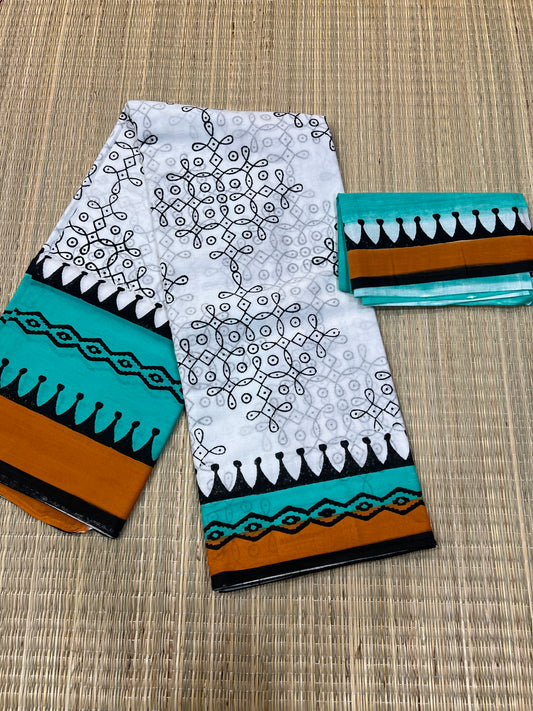 Teal mul cotton saree