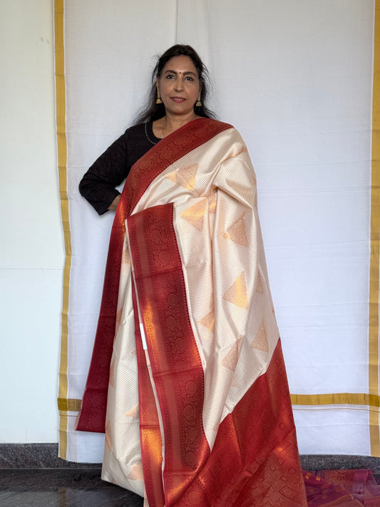 Semi Soft Silk Saree – White & Red (Onam Special)