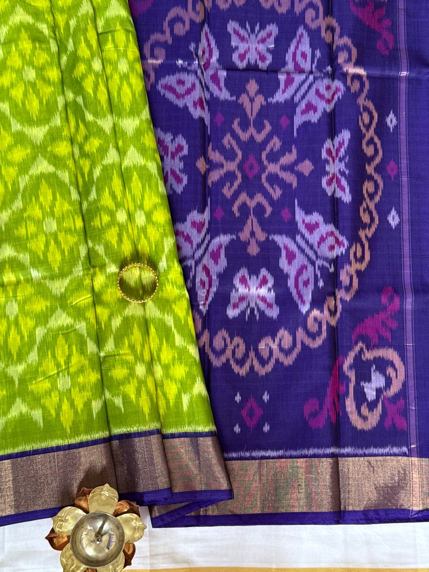 Ikat Silk Cotton - Green and Blue saree