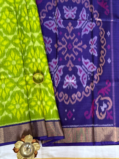 Ikat Silk Cotton - Green and Blue saree