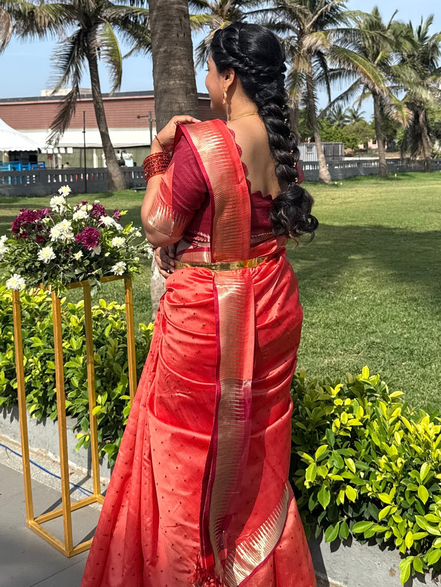 Pinkish orange semi silk saree