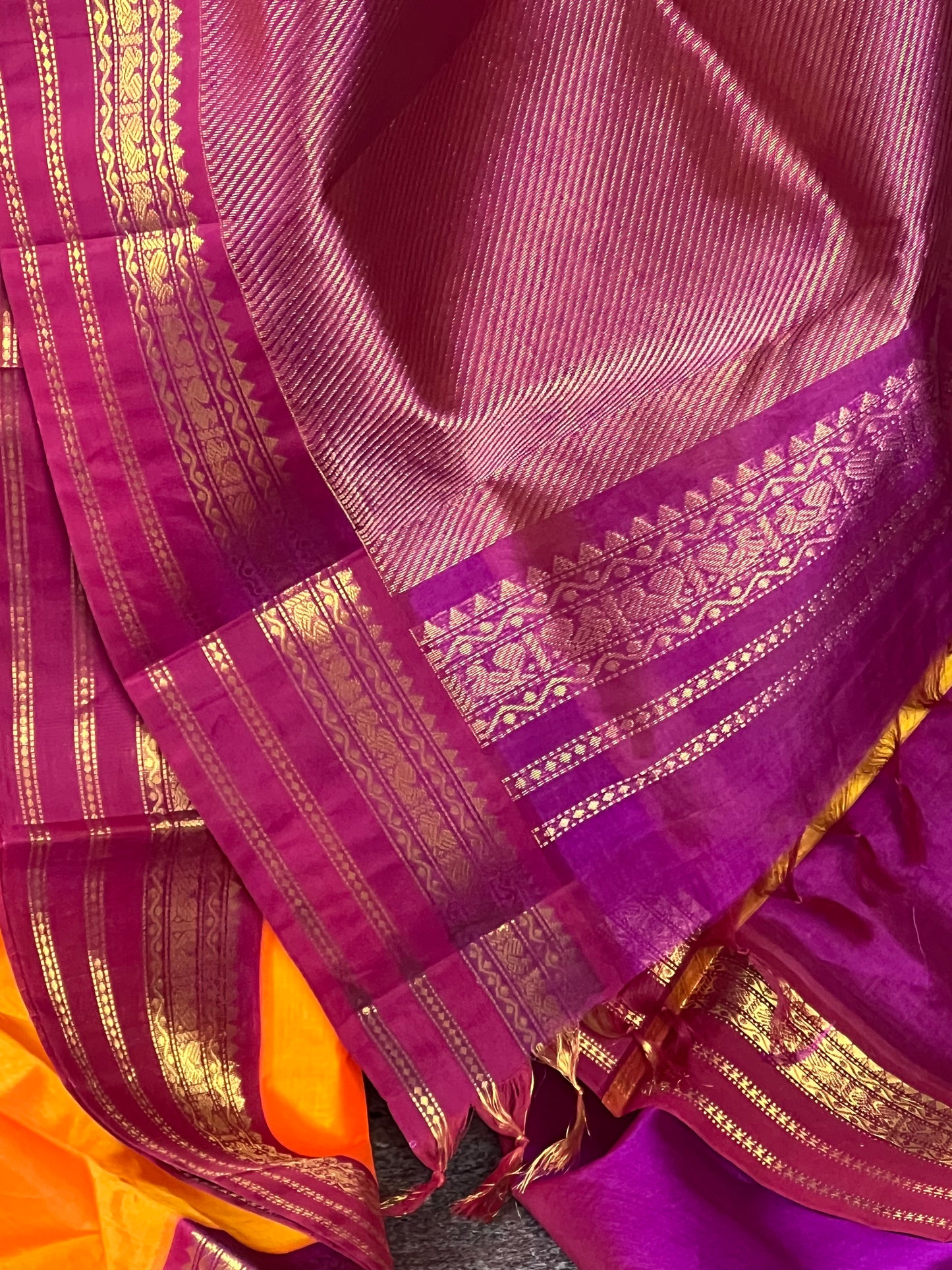 Mango Orange Magenta kanchivaram silk cotton saree