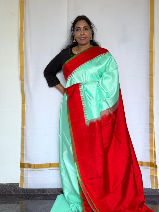 Gadwal Silk saree - Turquoise & Red