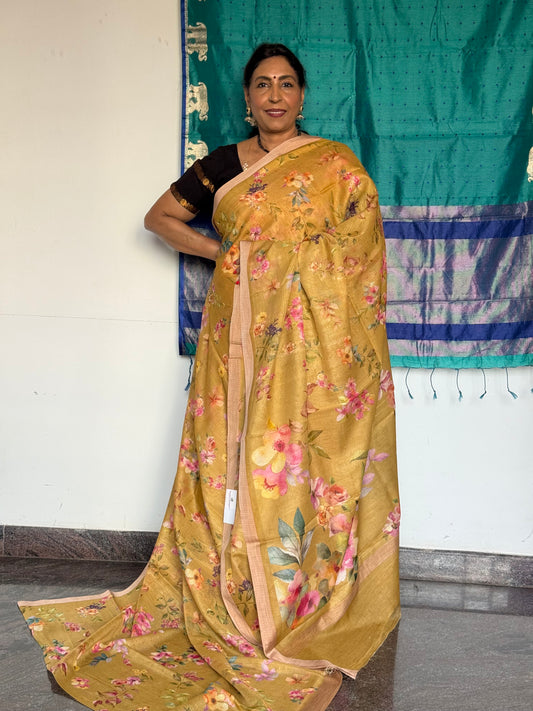 Yellow printed kota cotton saree