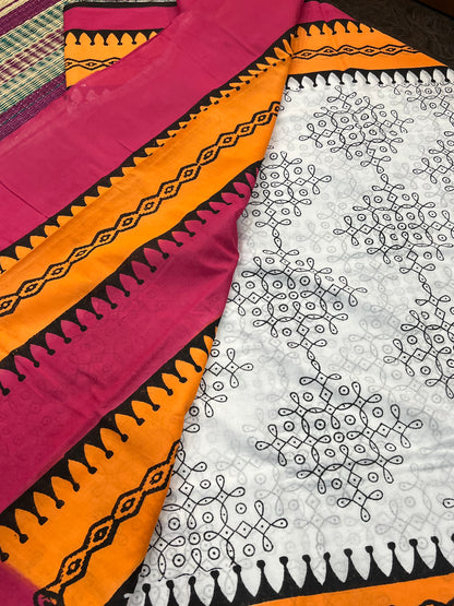 Orange mul cotton saree
