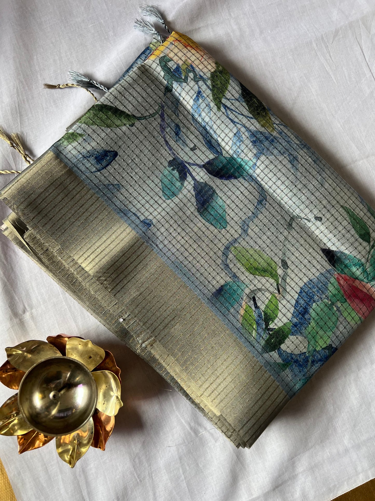 Sea blue Checked semi tussar silk saree
