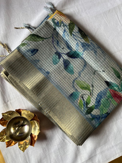 Sea blue Checked semi tussar silk saree