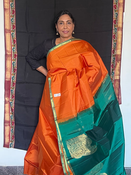 Orange & green light weight kanjivaram silk saree