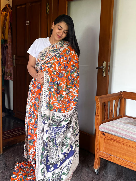 Orange cotton Kalamkari saree