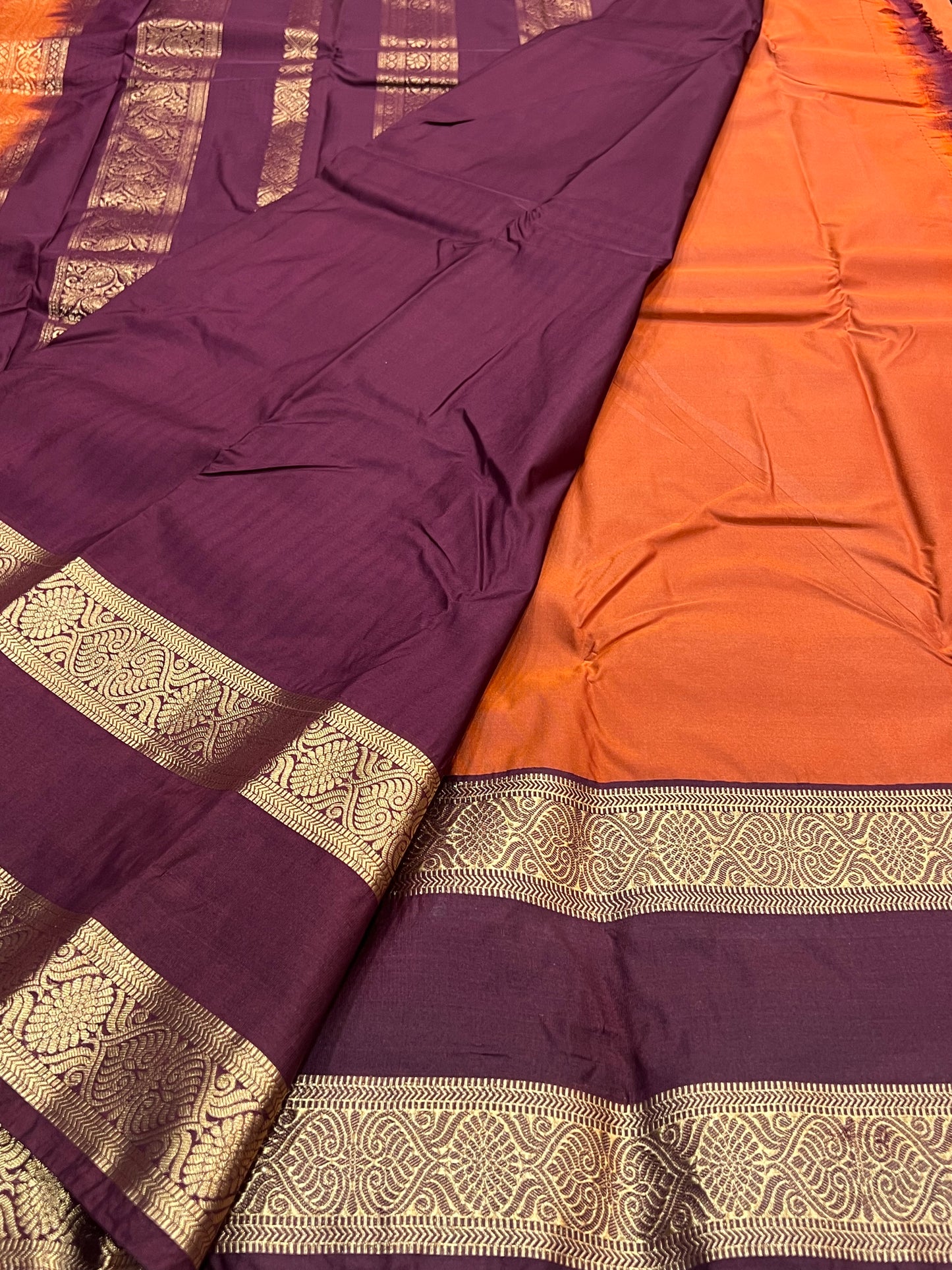 Rust Orange & brown semi silk saree