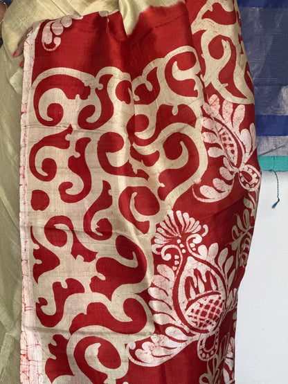 Printed Tussar silk saree with maroon pallu