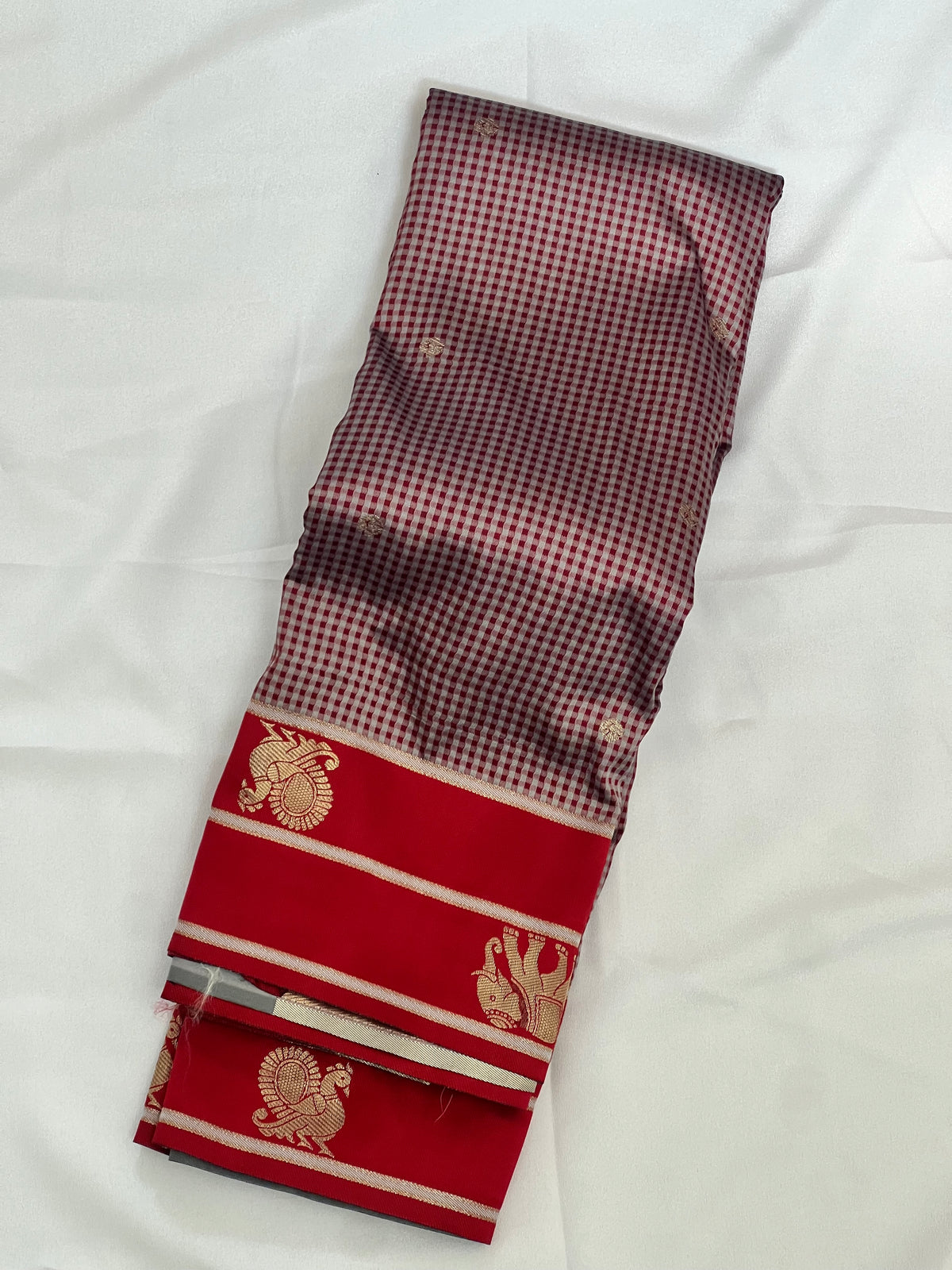 Red checks semi silk saree