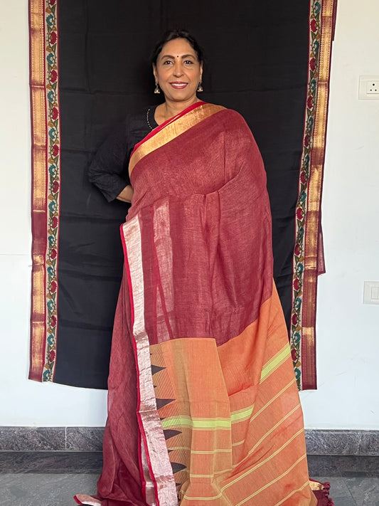 Brick red and green linen cotton saree