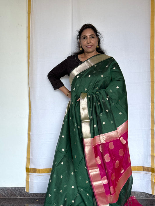 Semi Silk Cotton saree - Green & Pink