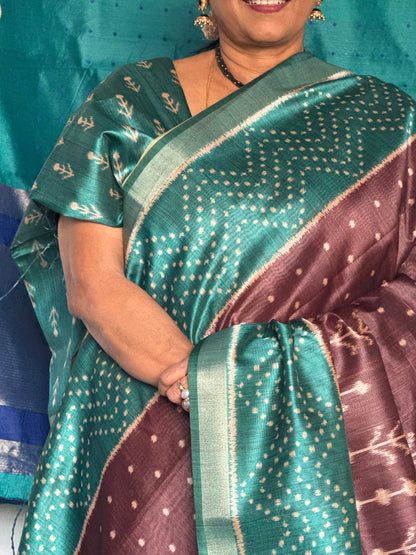 Green & brown semi tussar saree