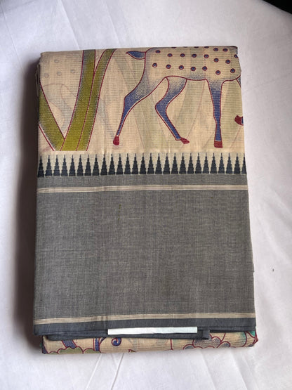 Beige Mangalagiri Block Printed Cotton Saree with Jungle Print