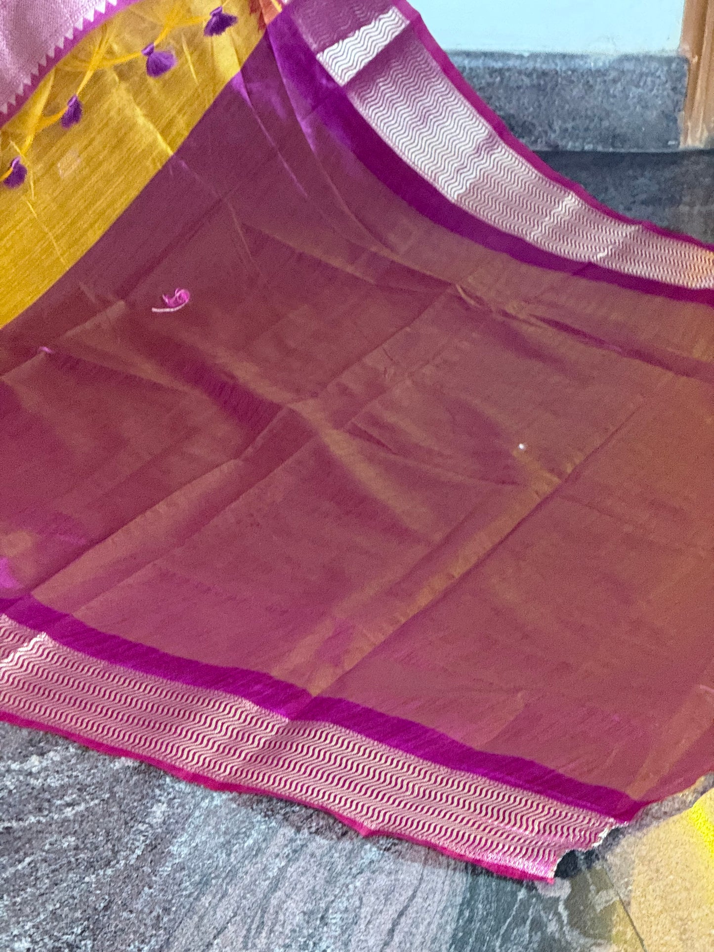 Yellow semi raw silk saree