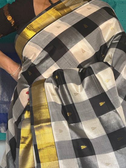 Black & White checks silk cotton saree