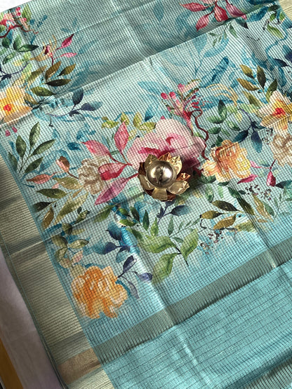Light blue checked semi tussar silk saree