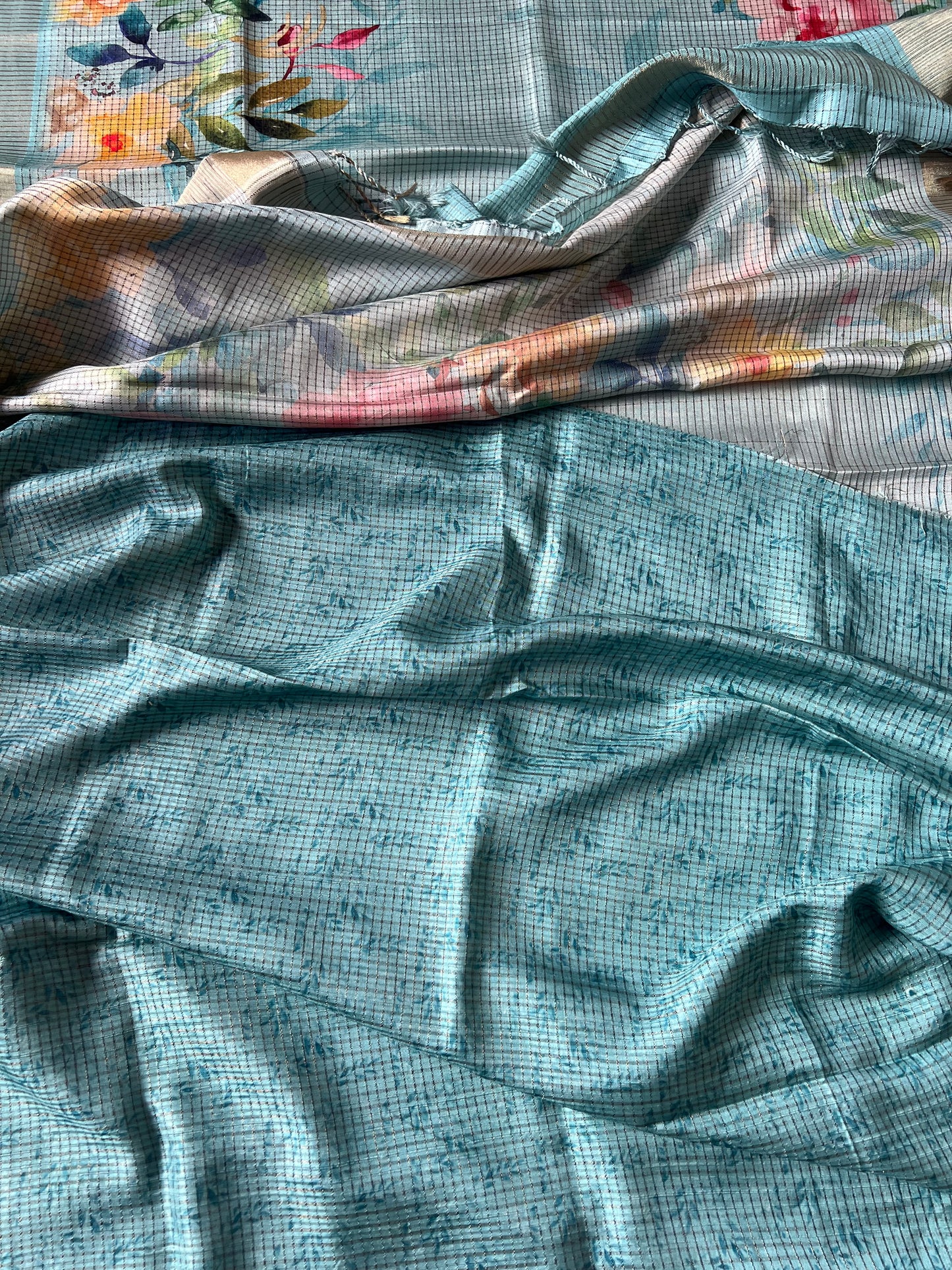 Sea blue Checked semi tussar silk saree