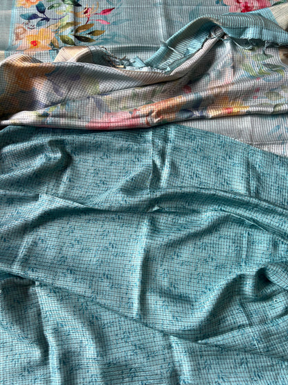 Sea blue Checked semi tussar silk saree