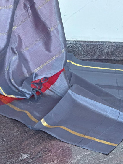 Checked Silk Cotton saree - Orange & Grey