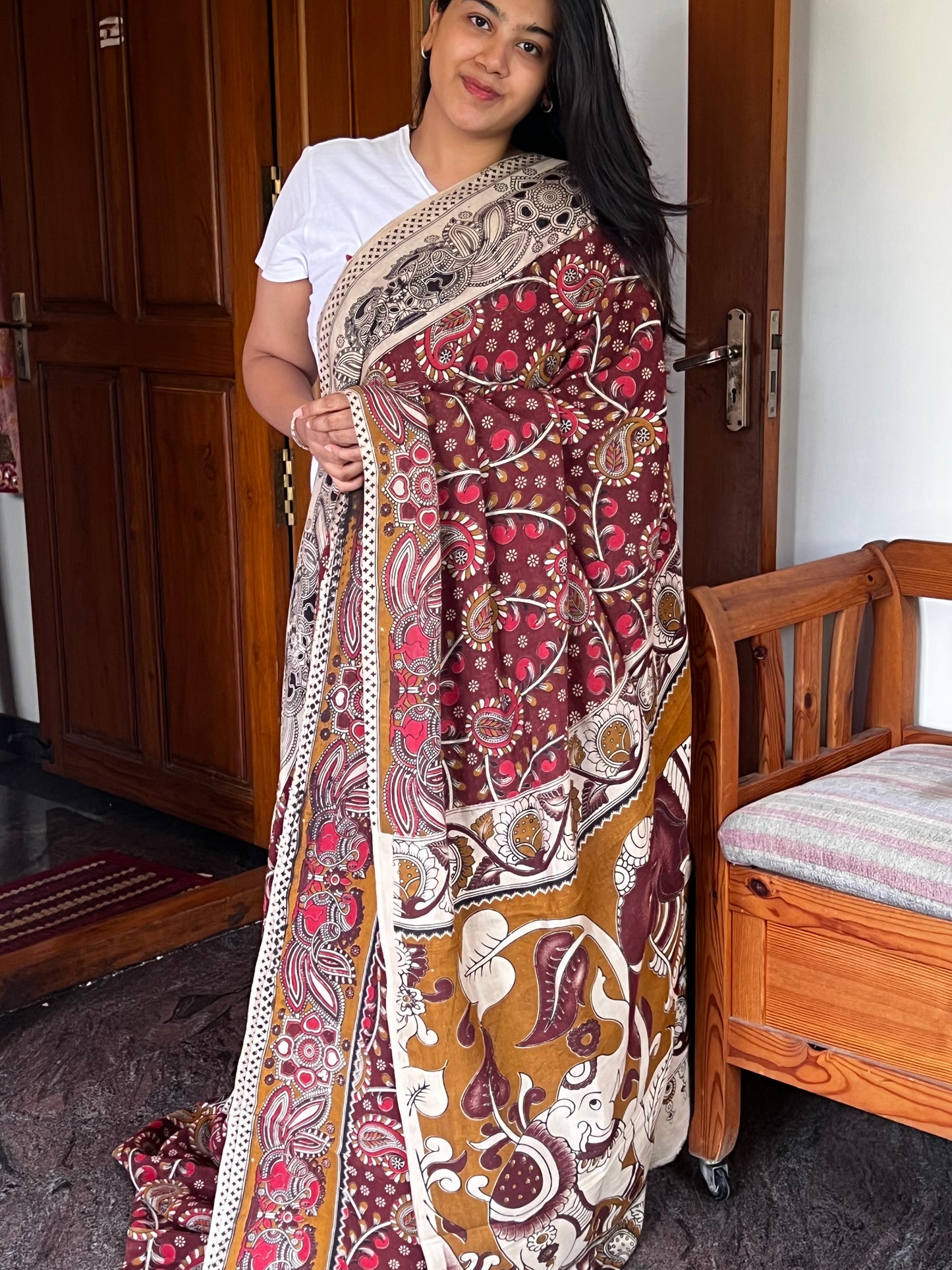 Maroon Kalamkari cotton saree