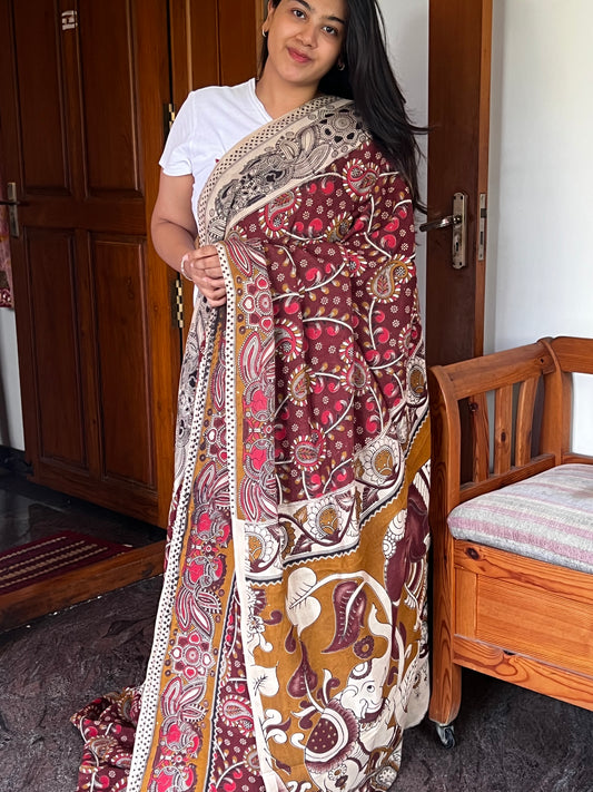 Maroon Kalamkari cotton saree