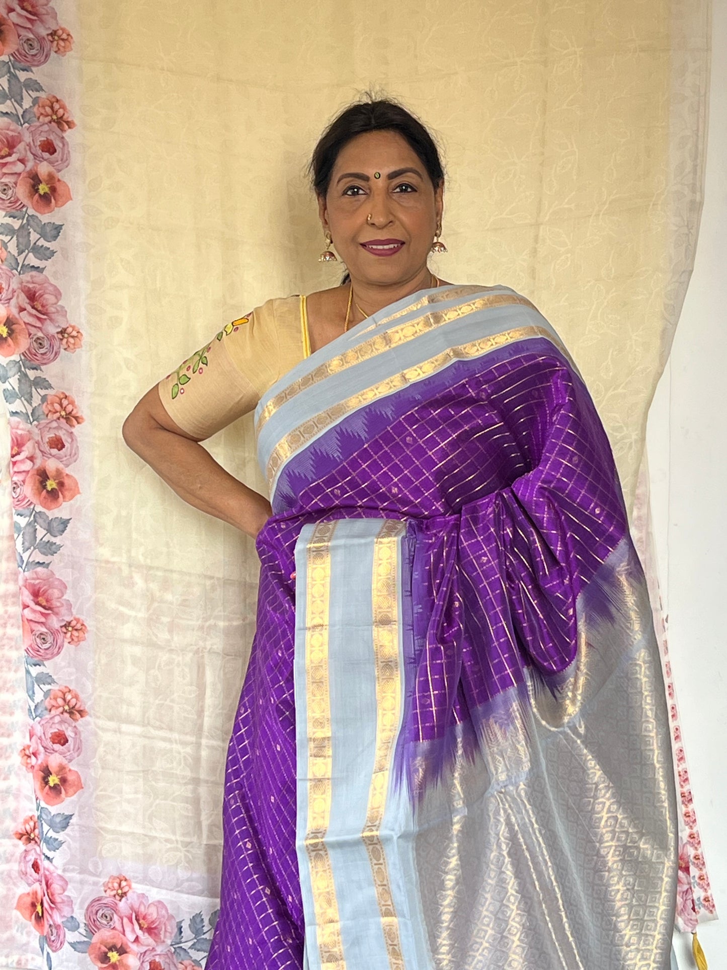 puple and grey kanchivaram silk cotton saree