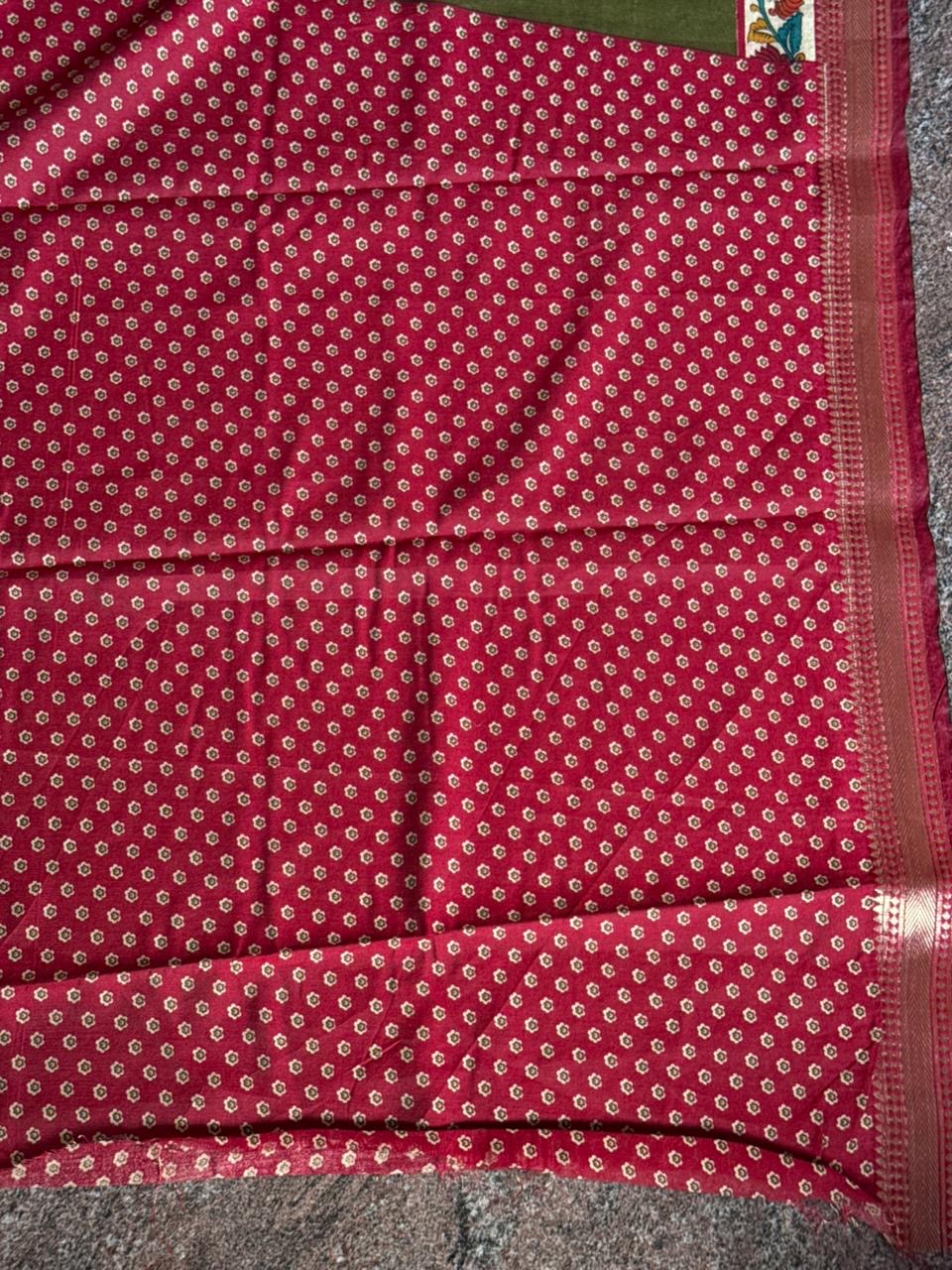 Olive Green & kumkum red Traditional Semi Soft Silk