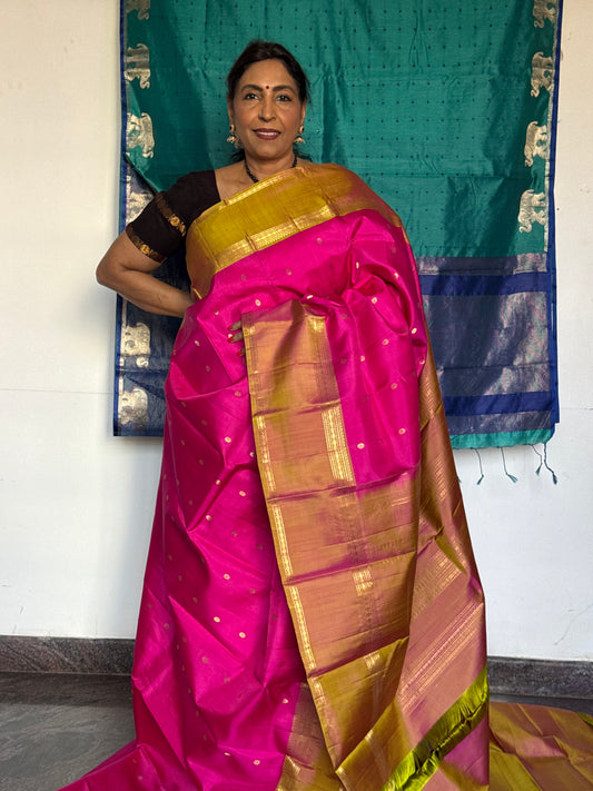 Pink Silk Saree With Beige Border