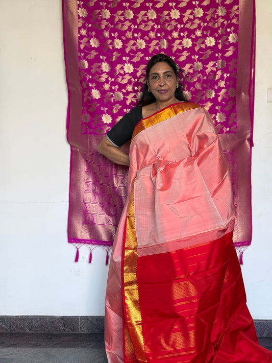 Pure silk saree pink tone with red border