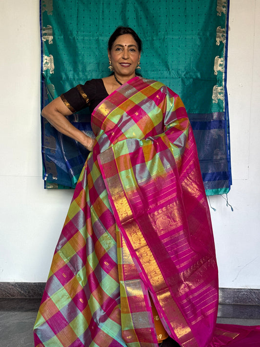 Multicoloured Checks Silk Cotton Saree