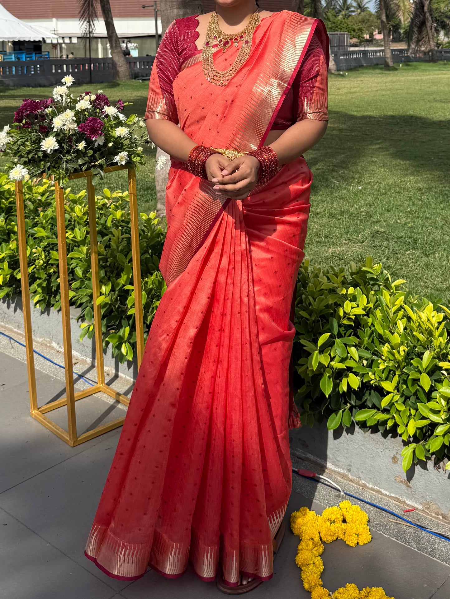 Pinkish orange semi silk saree