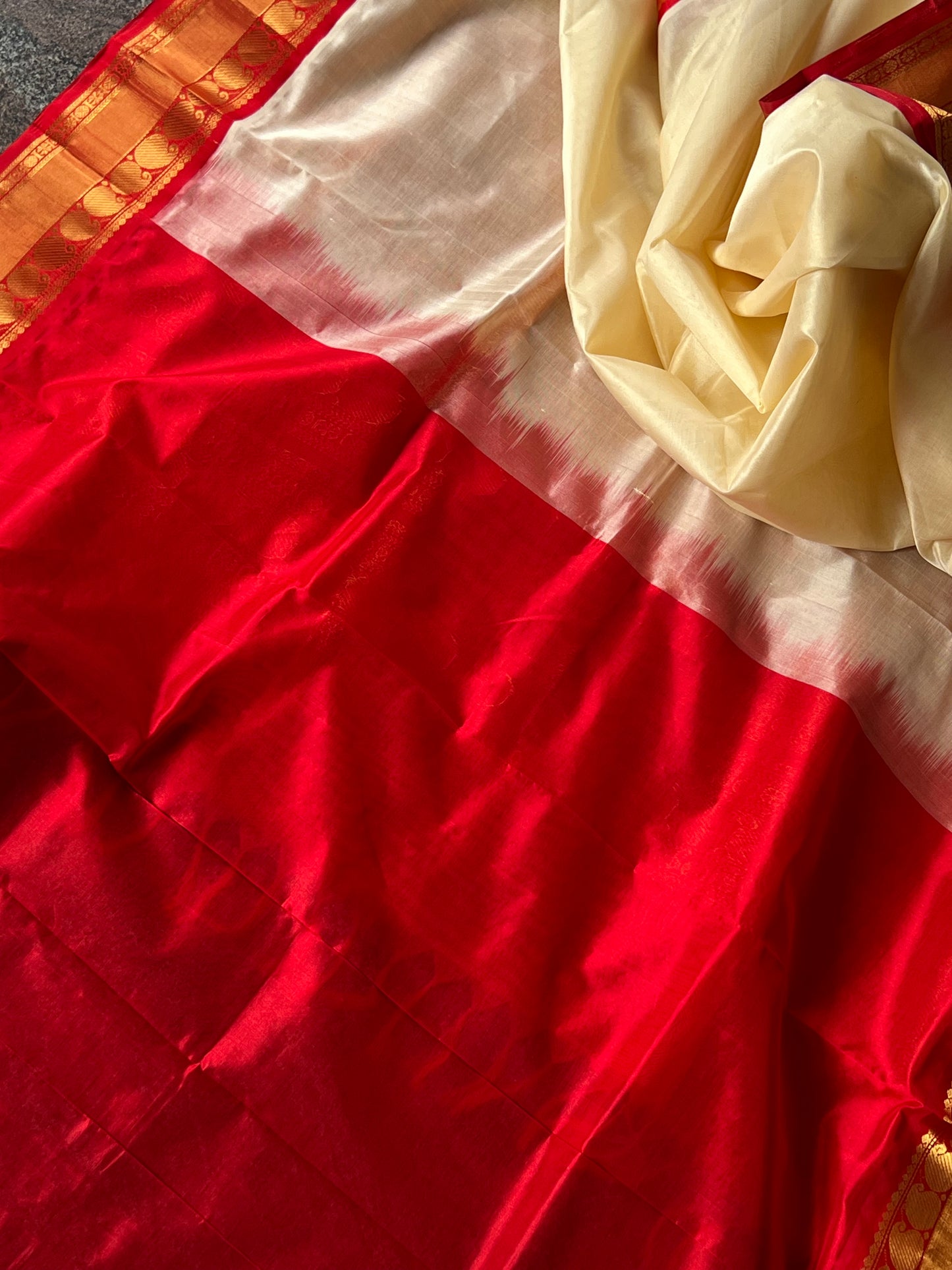 Cream and red kanchivaram silk cotton saree