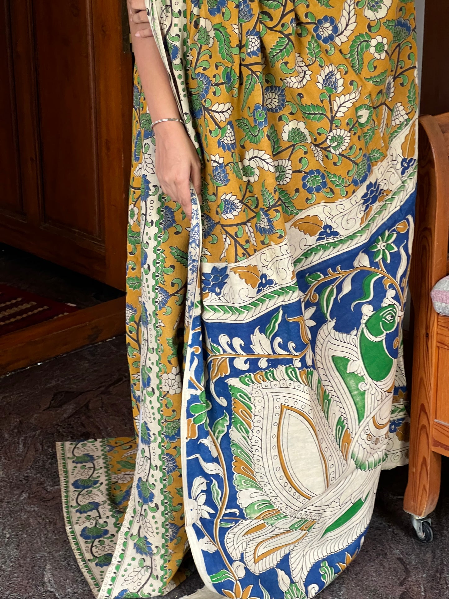 Mustard Kalamkari cotton saree