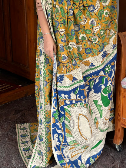 Mustard Kalamkari cotton saree