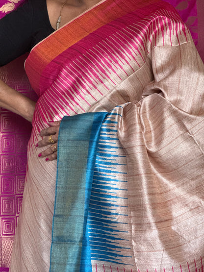 Semi tussar saree with contrast blue pallu