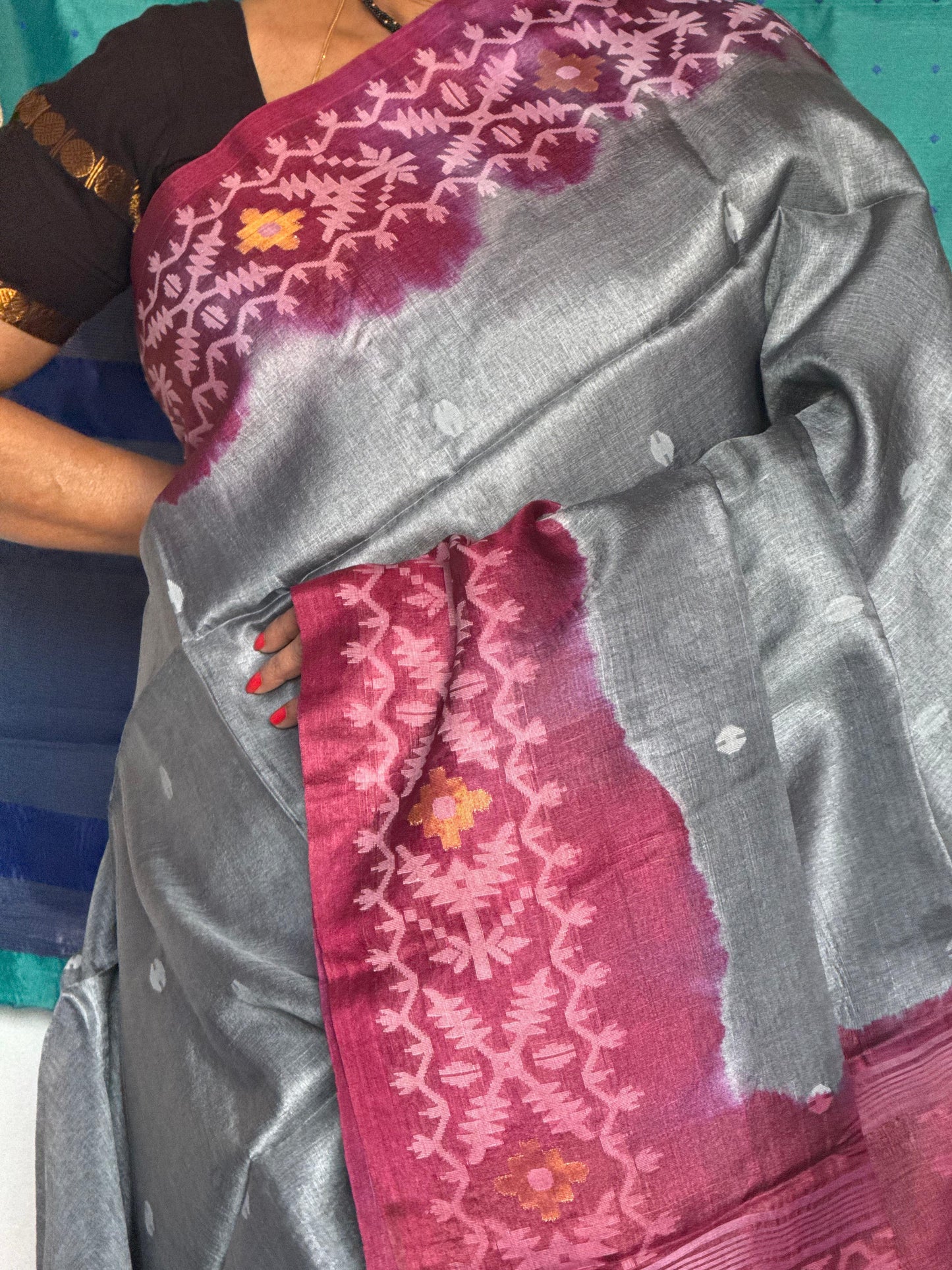 Silver-Grey & Plum Tussar Silk