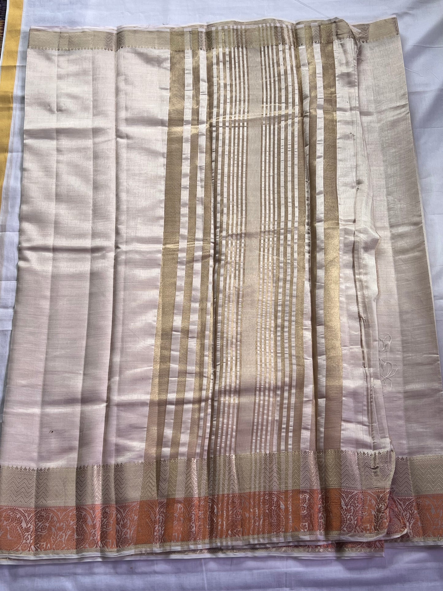 Cream white semi silk cotton saree